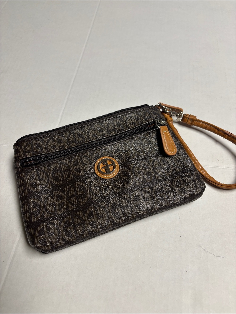 Giani Bernini Brown Logo Wristlet with Tan Strap